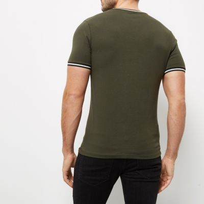 Khaki green tipped muscle fit T-shirt